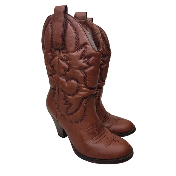 BONGO Shoes Bongo Faith Western Cowgirl Boot Stacked Heel Tan